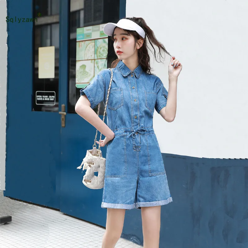 Женский Летний джинсовый комбинезон с завязками на талии и бантом широкие брюки