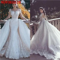 real sample vintage mermaid wedding dress with detachable train lace beading sheer neck long sleeves backless tulle bridal gown