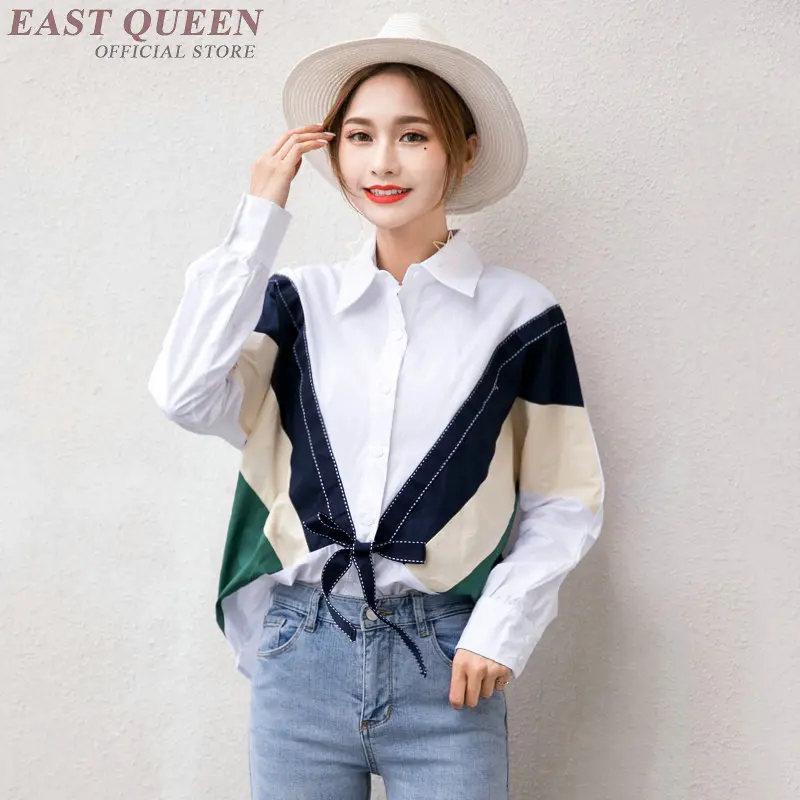 

Women Tops And Blouses Cotton Long Sleeve Shirt Female Patchwork Bow Korean Fashion Woman Clothing Blouses Stylish DD2222