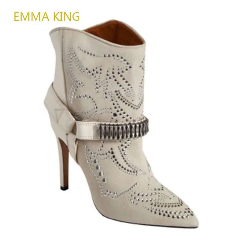 EMMA KING/Новые Дизайнерские ботильоны на тонком высоком каблуке с вышивкой в виде