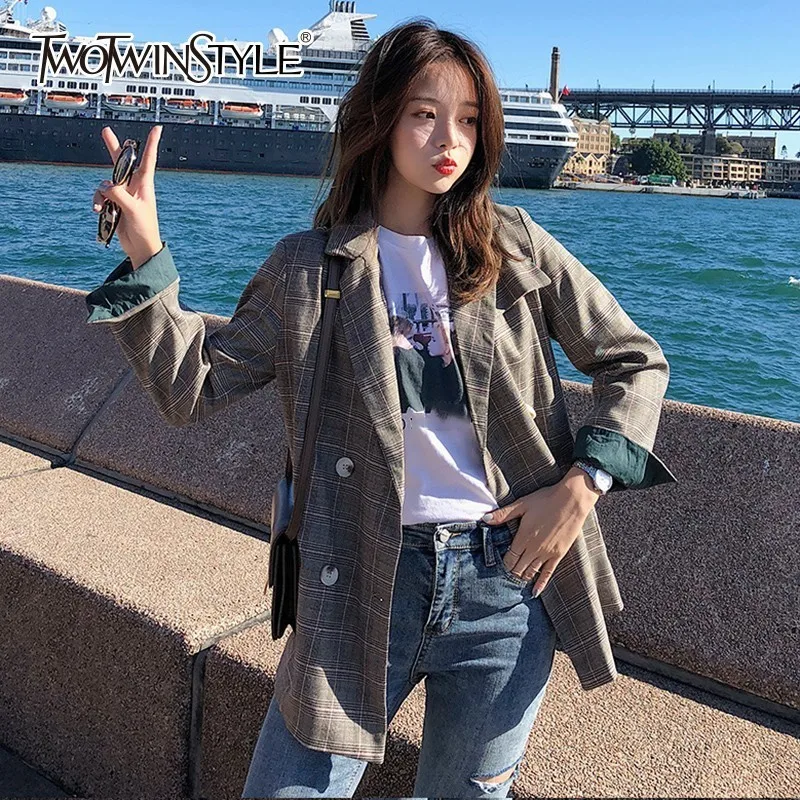 TWOTWINSTYLE клетчатый Блейзер Пальто Женский длинный рукав двубортные куртки для