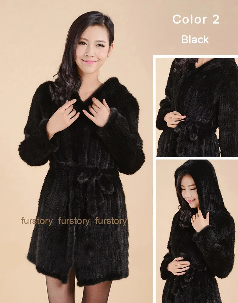 Fur Story 15180 Новая Модная вязаная женская шуба из натурального меха норки с капюшоном с поясом плюс размер 5XL 6XL длинное пальто из натурального меха для женщин