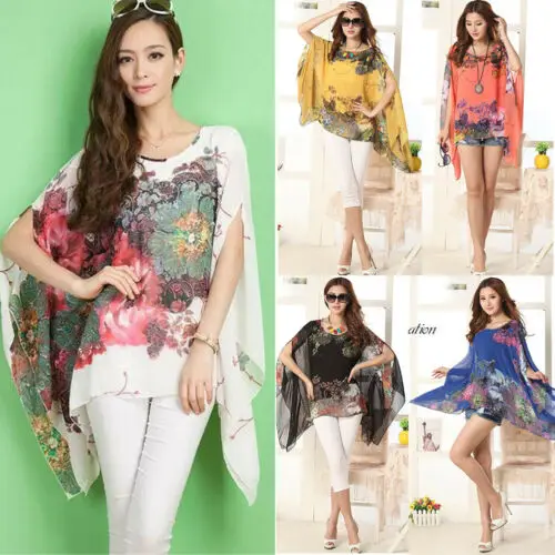 

NEW FASHION WOMEN LADY LOOSE CHIFFON FLORAL PRINT KAFTAN PONCHO BLOUSE TOPS