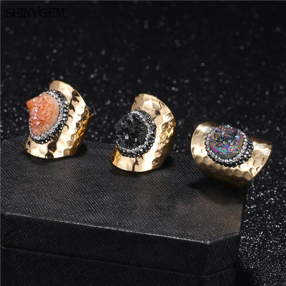 Кольца на палец с золотым покрытием ShinyGem Druzy, сверкающие кольца с нестандартными радужными кристаллами, большие кольца с натуральным камнем для женщин