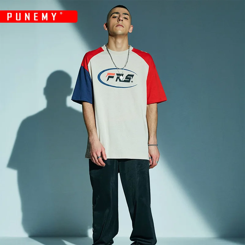Ретро Уличная футболка для мужчин хип хоп Harajuku Drop Shoulder пэчворк хлопок Локоть