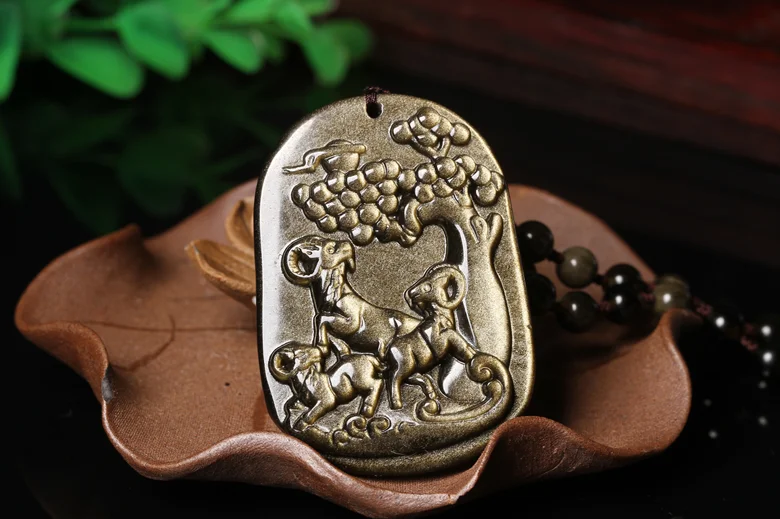 WAN natural Gold stone Three sheep Kaitai Pendant Men and women 52*37*8MM necklace Jewelry | Украшения и аксессуары