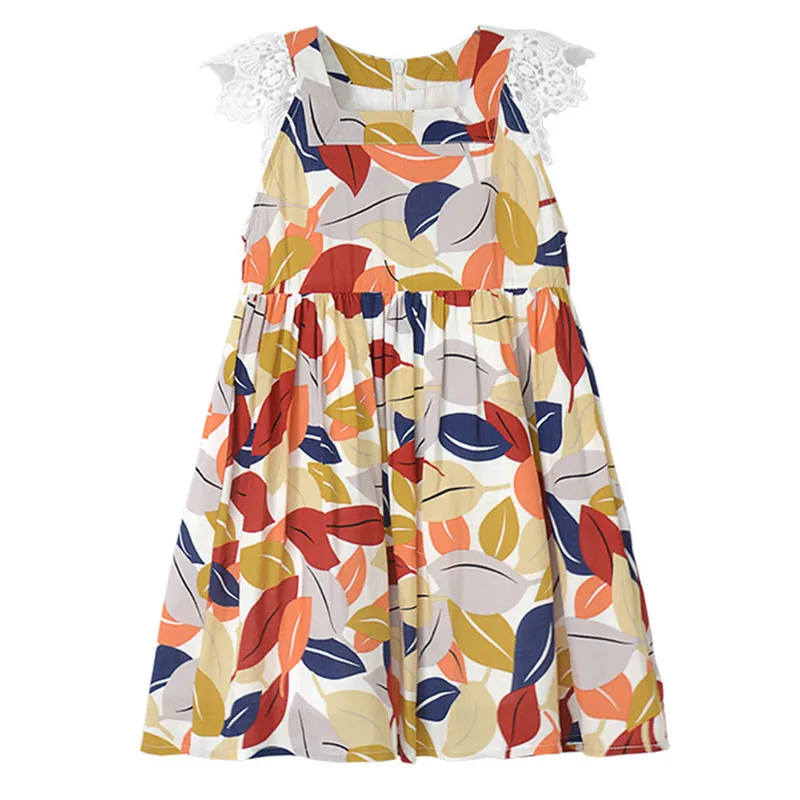 3 to 10 years kids & big girls summer leaves print square collar lace cap sleeve flare dresses children fashion casual dress | Детская