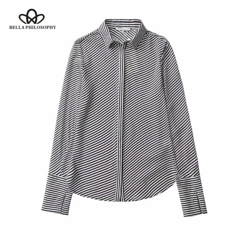 

Bella Philosophy 2019 spring women casual striped blouse long sleeve basic top turn down collor female shirt slim fashion blusas