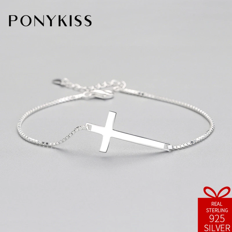 PONYKISS религиозный 100% S925 Стерлинговое Серебро Простой Крест Милые Браслеты