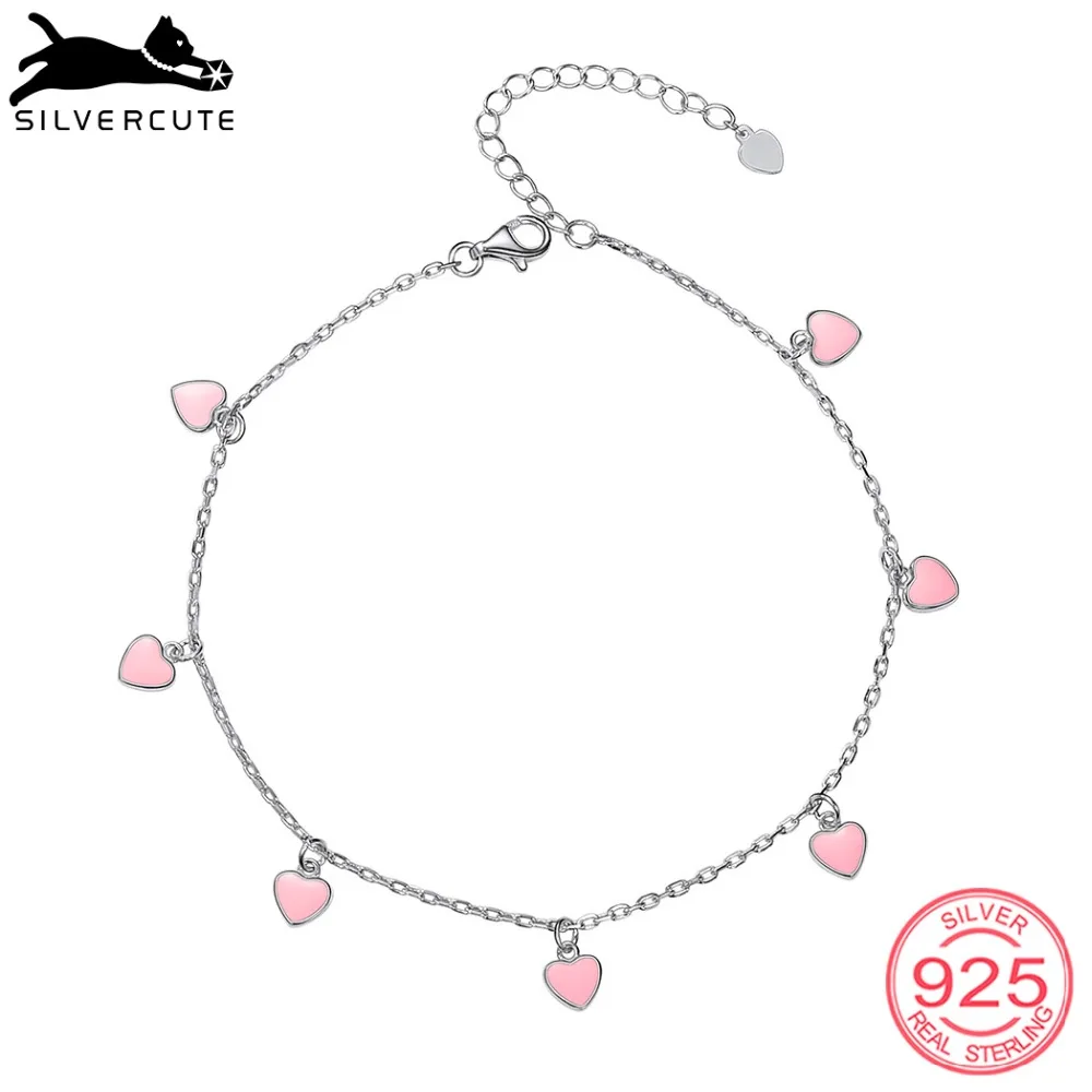 SILVERCUTE/розовые ножные браслеты «сердце» для женщин, из чистого серебра 925 пробы, летние ювелирные изделия, очаровательный браслет на ногу, подарок SCA6317B