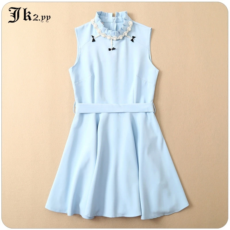 Женское платье трапеция с поясом лентой голубое/фиолетовое элегантное