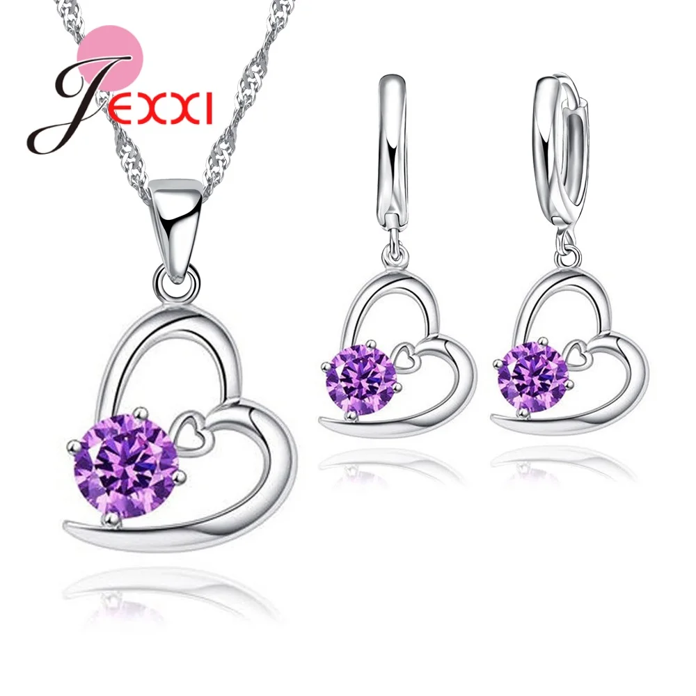 925 Sterling Silver Jewelry Sets Romantic Lovely CZ Crystal Necklace Pendant Earrings for Women Valentines Day Wedding