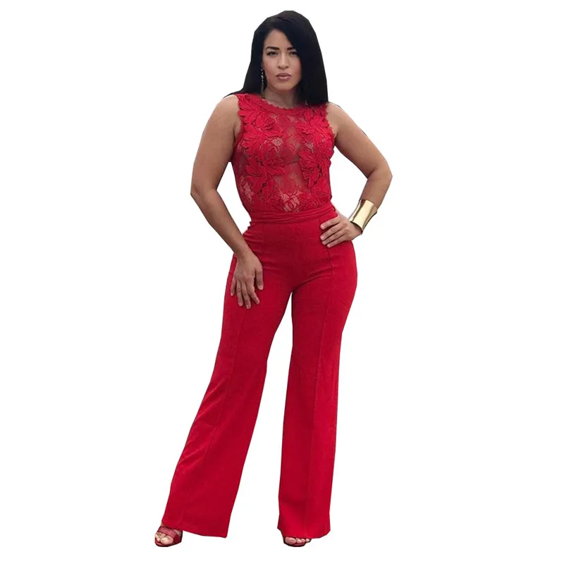 Adogirl Sexy Sheer Lace Applique Casual Jumpsuit Solid Black White Red Sleeveless Romper with Belt Women Wide Leg Pants Overalls