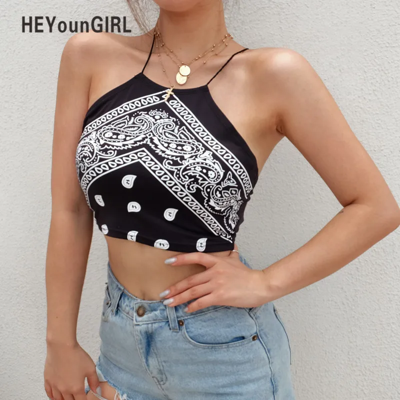 Летняя черная бюстье HEYounGIRL с лямкой на шее кроп топ футболка Женская майка