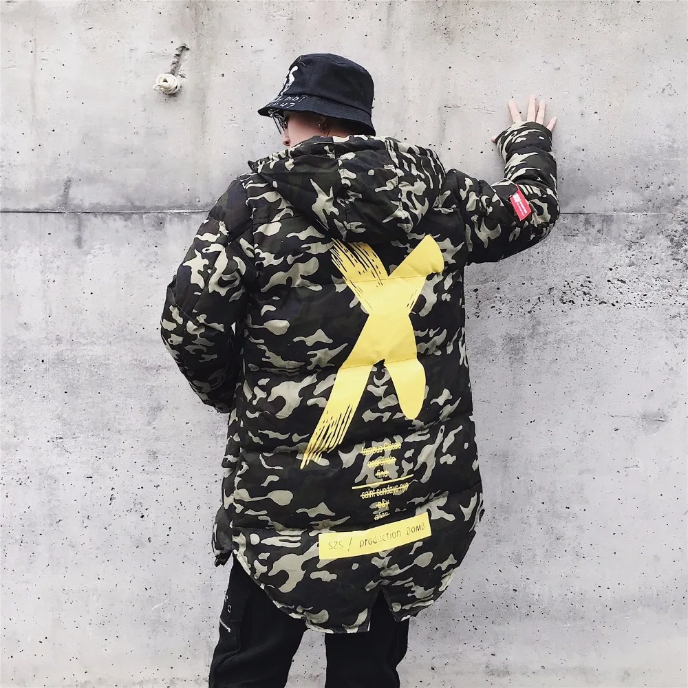 Теплая куртка Для мужчин длинные камуфляжная хип хоп Camo толстые куртки пальто