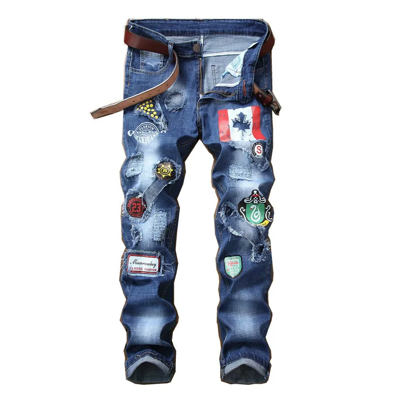Новая мода для мужчин's джинсы женщин лоскутное сращены рваные мужские деним