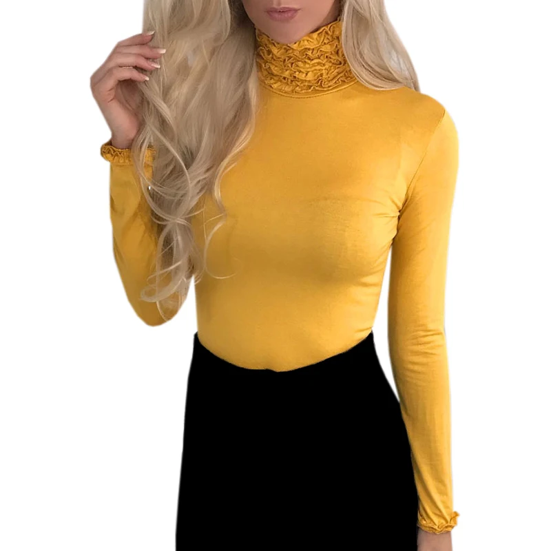 Весна 2019 оборками водолазка пуловеры Для женщин Топы Solid Femme пикантные Футболки с