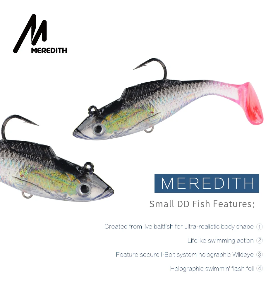 MEREDITH, 5 шт., маленькие DD рыбки, 70 мм/8,5 г, свинцовые рыболовные приманки, Т-образный хвост, мягкие рыболовные приманки, один крючок, Искусственные воблеры, наживка для рыбалки