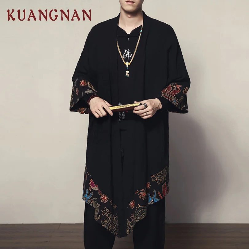 Мужская длинная рубашка кимоно KUANGNAN черная в китайском стиле 2019|Повседневные