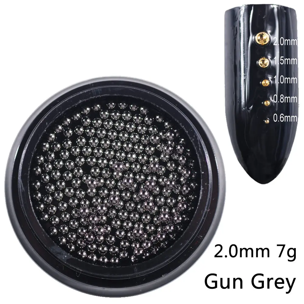 2.0mm gun grey 7g Бусины для ногтей, микро металлические бусины 0,6-2,0 мм, 3D Шпильки для ногтей, сплав, ювелирное изделие для ногтей, амулеты, принадлежности для художественных украшений, стальные шарики для икры - Цвет: 2.0mm gun grey 7g