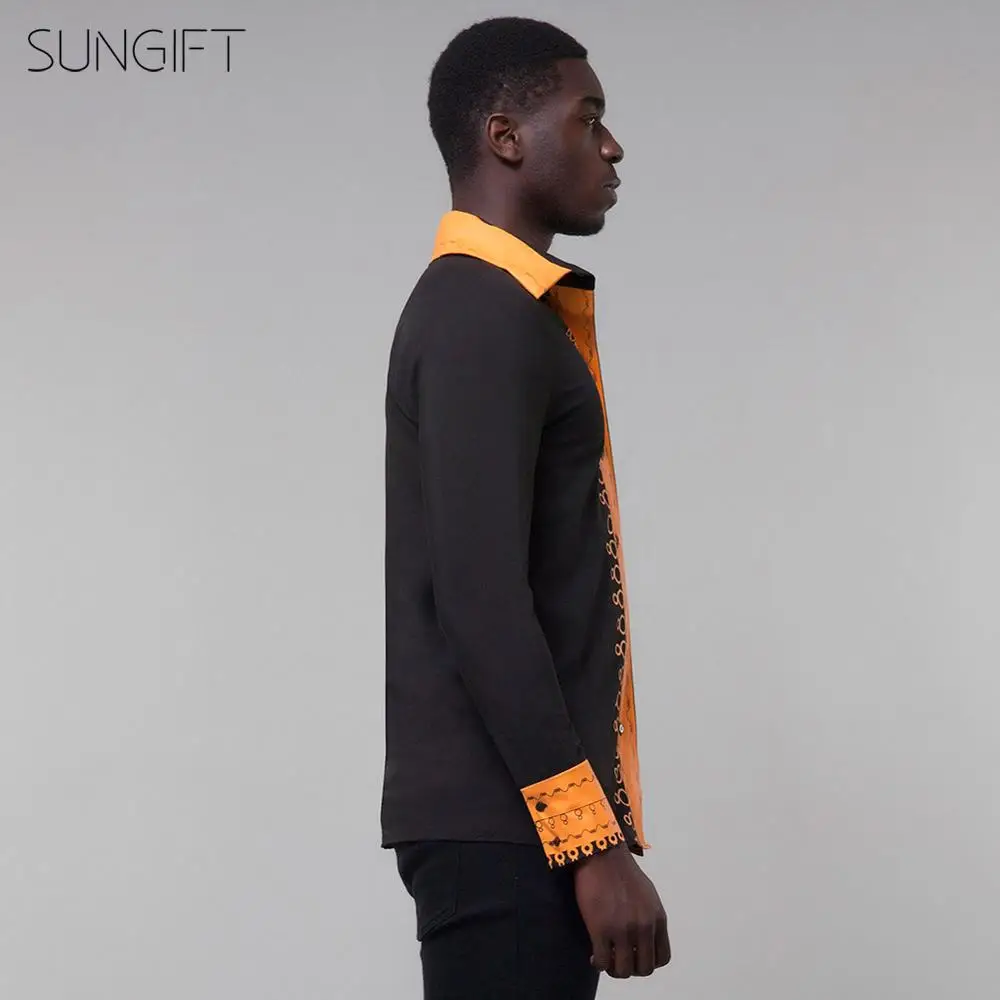 SUNGIFT African Male Long Sleeve Top Dashiki Ethnic Print Lapel Collar Button 2019 New Fashion Black Shirt Africa | Тематическая