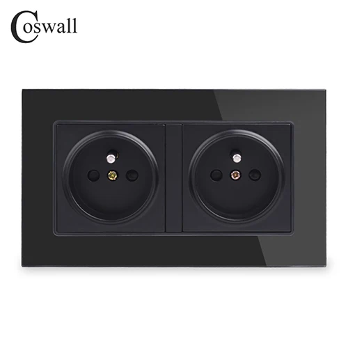 Coswall 16A двойная французская стандартная настенная розетка, кристальная стеклянная панель, розетка с заземлением, с защитой от детей, серая, Черная - Тип: Black