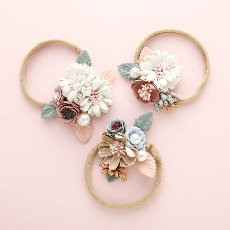 

3Pcs/lot Girls Flower Nylon Headband Pearl Vintage Floral Hair Bows Elastic Hairband For Baby Head Wear Girls Hair Accessories