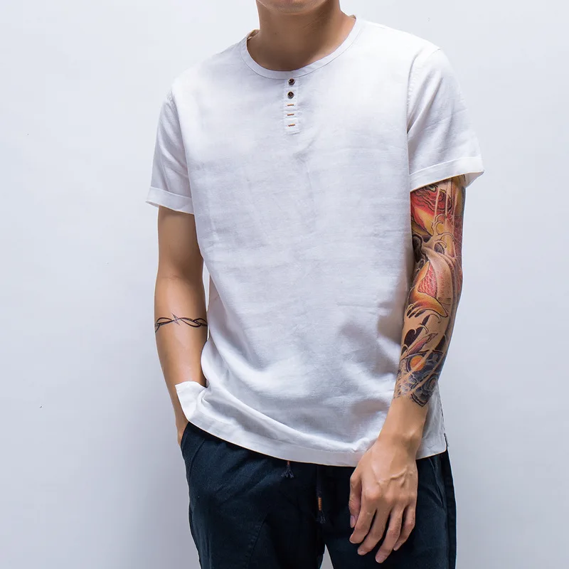 IEMUH Men T-shirt Short Sleeves Cotton Linen Male Fashion T Shirts Loose Thin Chinese style | Мужская одежда