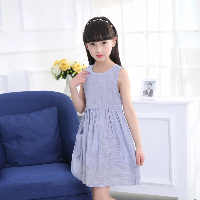 2020 Elegant Vintage Teenage Girl Dress Vertical Stripe Beach Style Kids Dresses With Pockets Toddler Summer Clothing 5-12Y | Детская