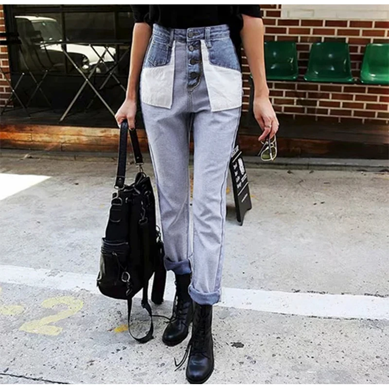 NLW NEW Women Casual High Waist Jeans Casual High Street Jeans Female Stylish Spliced Fake Pocket Long Pants Capris