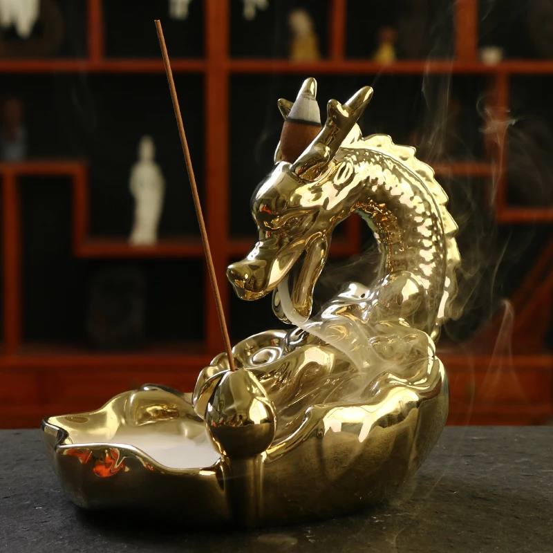With 10pcs Incense Cones Gold Dragon Backflow Burner Stick Censer China Gift | Дом и сад