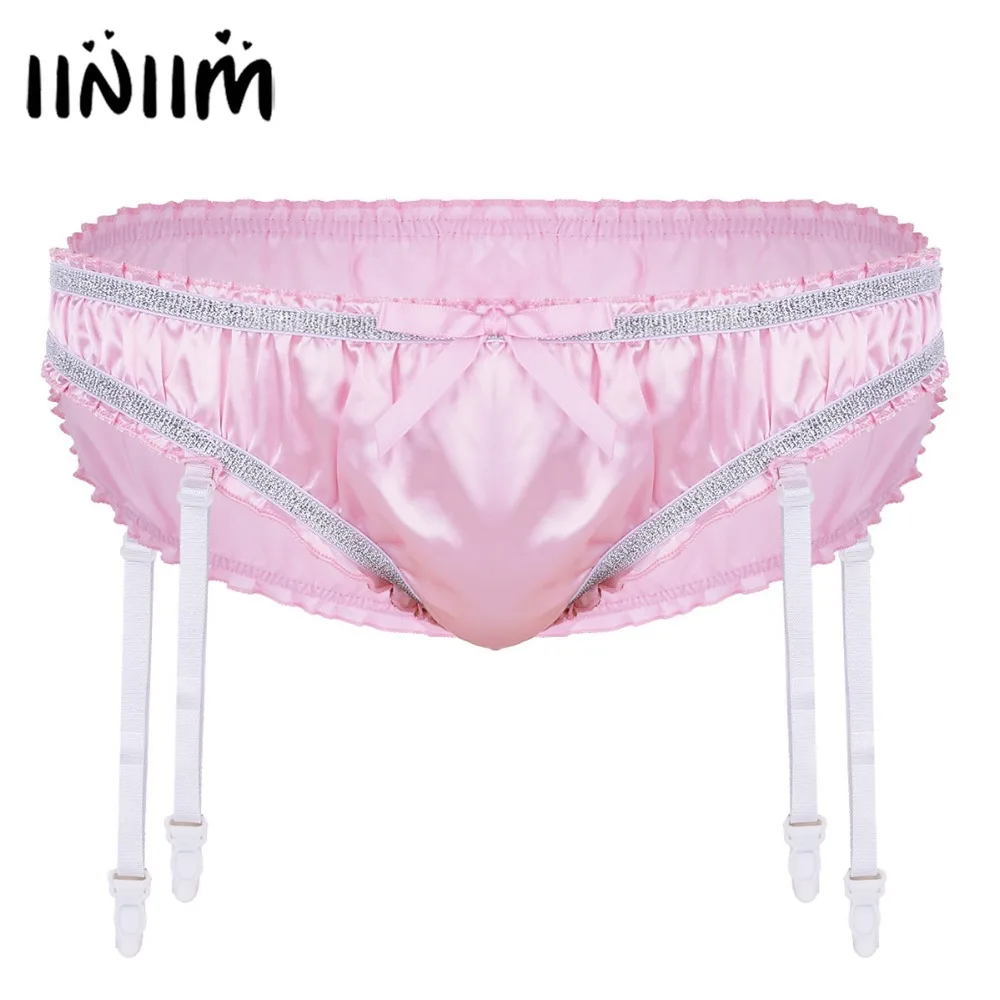 

iiniim Mens Lingerie Shiny Stretchy Satin Ruffled Lined Sissy Briefs Jockstraps Underwear Gay Male Panties with Plastic Garters