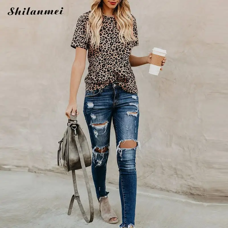 Сексуальная леопардовая футболка с коротким рукавом женская летняя круглым