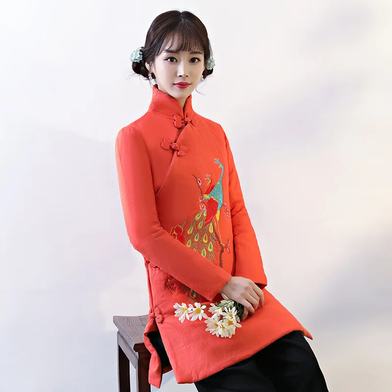 

Winter New Ladies Think Jacket Chinese Ethical wadded jacket Women Embroider Phoenix Vintage Mandarin Collar Lengthen Coat