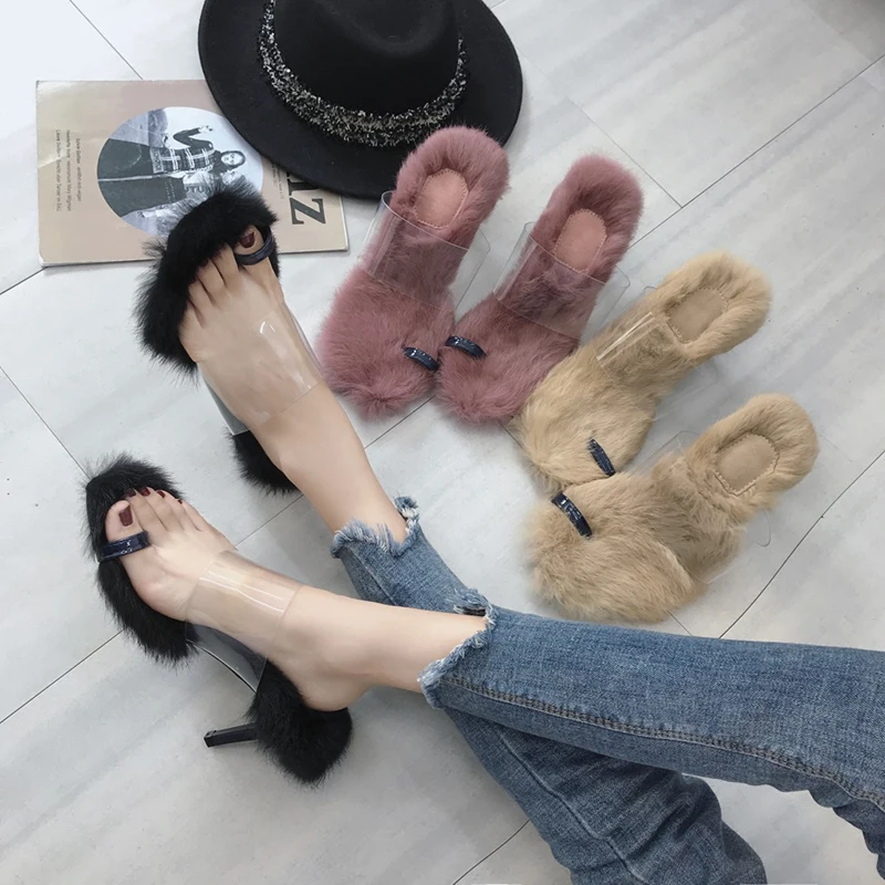 Сандалии женские с кроличьим мехом брендовые шлепанцы клипсой и прозрачным