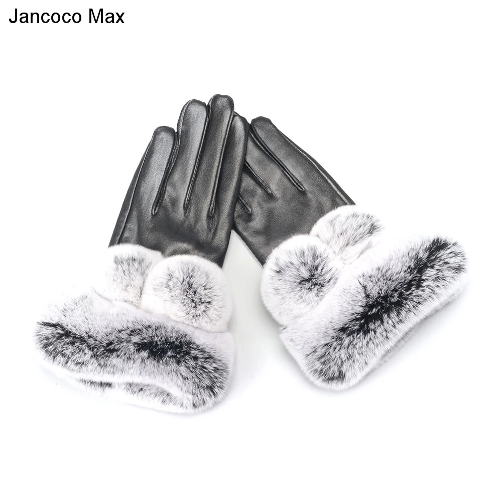 Jancoco Max Прихватки для мангала для женщин сенсорный экран Зимние теплые из натуральной овечьей кожи Rex помпоны из кроличьего меха S2035