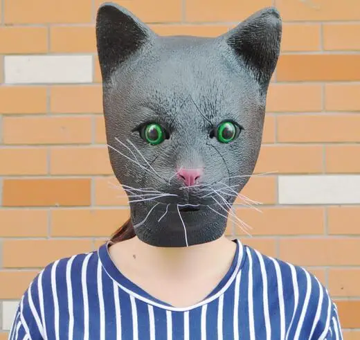 Фото Высококачественная маска для костюмированной вечеринки черного цвета Katze Meow Kopf, латексная маска для косплея на Хэллоуин, все лицо, черная голова кошки, голова кошки №2