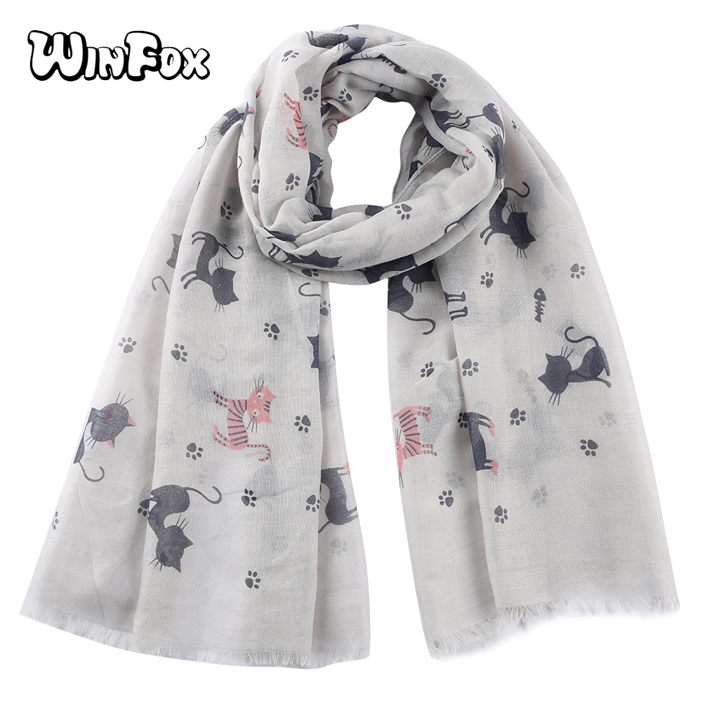 Winfox Kawaii Cat Paw Fish Шарф серый розовый женский с животным принтом мягкие длинные