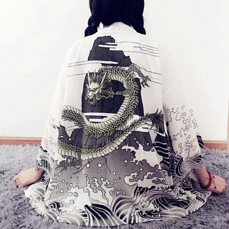 Винтажный кардиган в японском стиле Харадзюку рубашки с драконом кимоно принтом