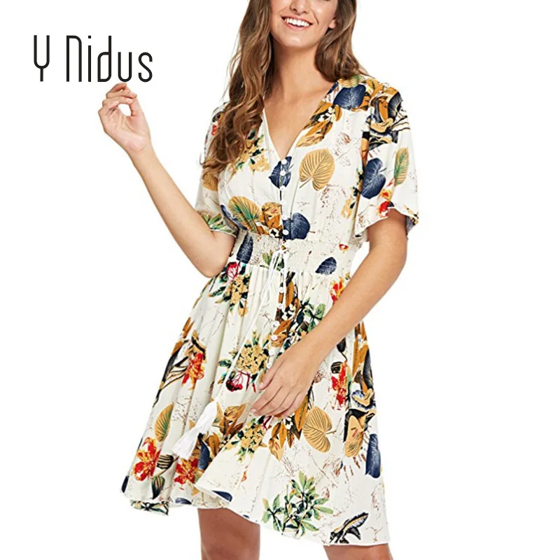 beige mini dress Y Nidus женские платья, летнее платье,, макси, на пуговицах, с разрезом, цветочный принт, струящийся, v-образный вырез, пляжные, вечерние платья, vestidos - Цвет: beige mini dress