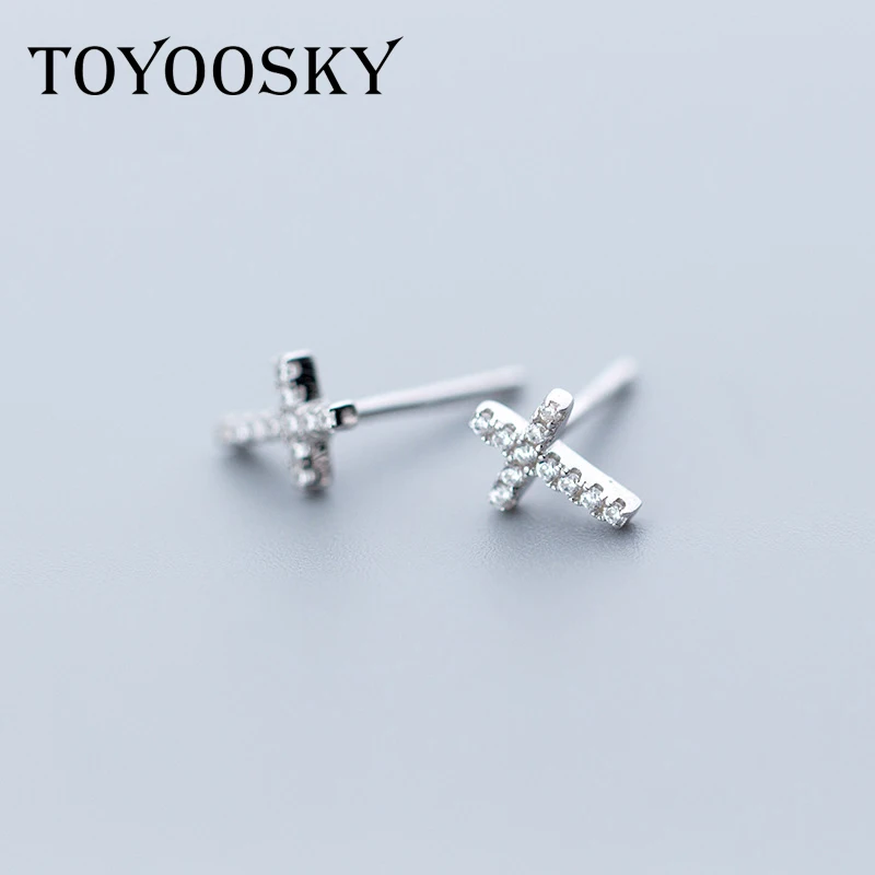 TOYOOSKY 925 Sterling Silver Earrings for Women Simple Crystal Cross Earrings Mini Geometric Ear Studs Jewelry Brincos