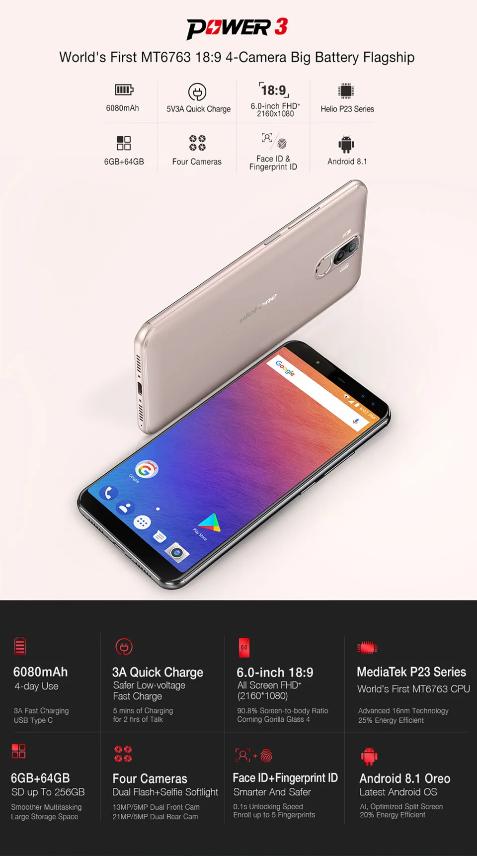 Смартфон Ulefone power 3 4G LTE, 6 дюймов, 18:9, полный экран, распознавание лица, Восьмиядерный процессор MTK6763, 6 ГБ ОЗУ, 64 Гб ПЗУ, Android 7,0, 6080 мА/ч, 16,0 Мп