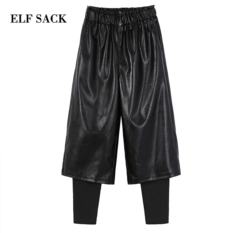 ELFSACK осенние брюки костюмы, искусственная кожа короткие и леггинсы, черные повседневные свободные женские широкие брюки
