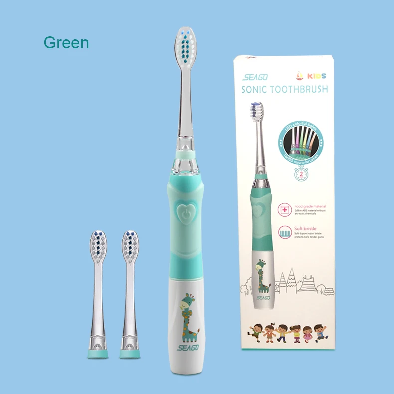 green SEAGO Детская электрическая зубная щетка для От 3 до 12 лет с аккумулятором детская зубная щетка светодиодный Sonic детская зубная щетка с таймером 3 насадки - Цвет: green