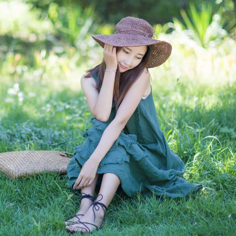 

Big pendulum - type Wide - loose Summer New Cotton and Linen Sleeveless Dress Personality Stitching Patch Sen Female Dress A040