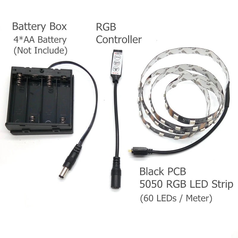 Светодиодная лента на батарейках 5050 RGB черная печатная плата IP20/IP65