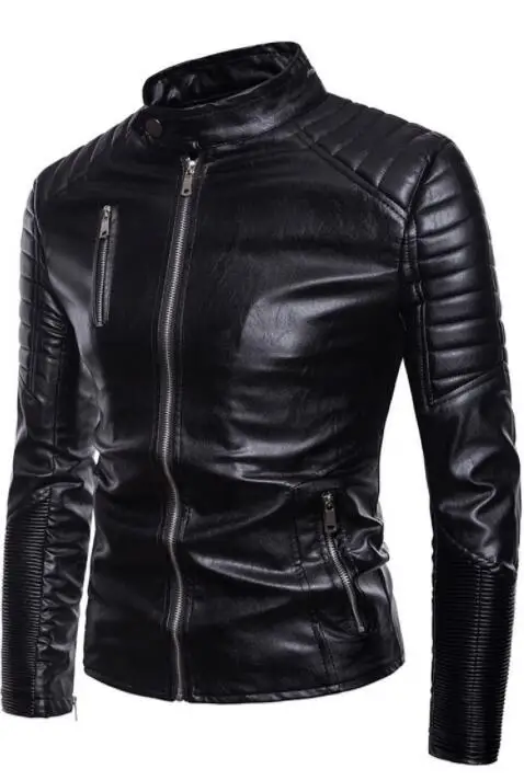

Stand collar motorcycle leather jacket men fashion clothes mens faux leather jackets casual short pu coats biker black S - 2XL