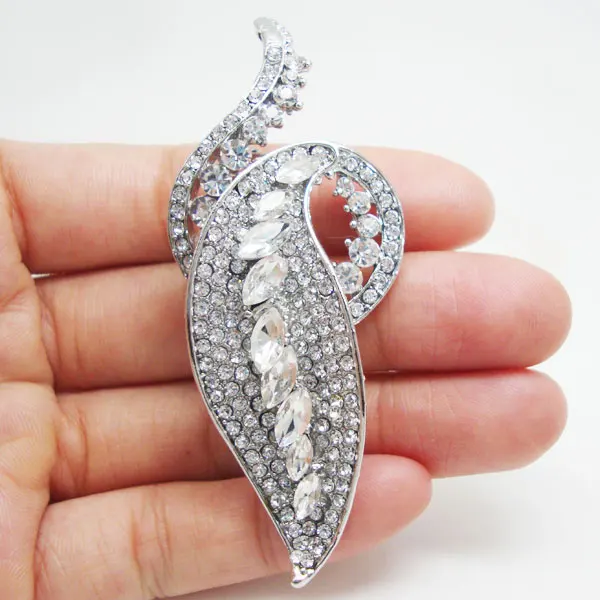 Серебряный цвет простой лист Art Nouveau прозрачная брошь горный хрусталь