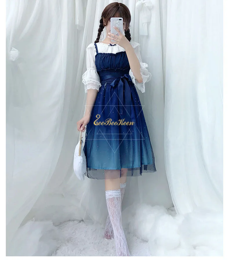 Летнее платье для взрослых Hanfu для женщин шифоновое платье на бретельках звездное небо градиент JSK лолита кружевное платье для девочек весенний милый костюм Лолиты