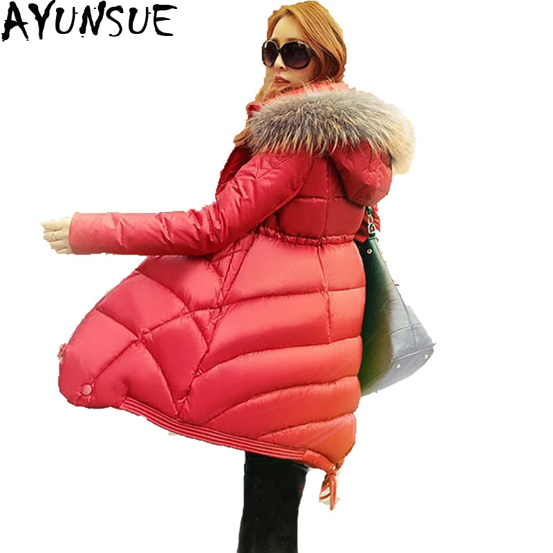 Женский пуховик с меховым капюшоном элегантный тонкий в Корейском стиле парка